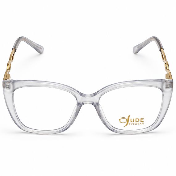Jude Eyewear Crystal Grey cat-eye glasses with gold temples, front view.